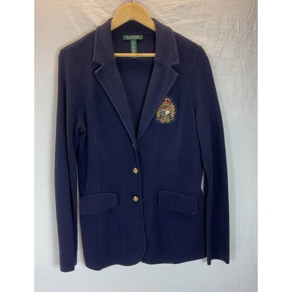 VTG Womens Ralph Lauren Knit‎ Crown applique Crest Cardigan Navy gold button - Picture 1 of 9